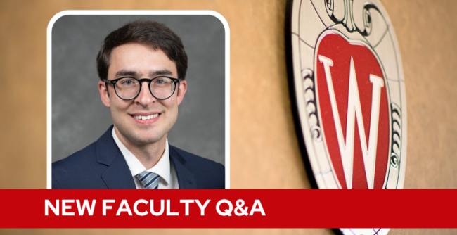 A professional headshot of Dr. Scolarici over a tan background with a Wisconsin crest, and white text on a red bar saying "New Faculty Q&A".