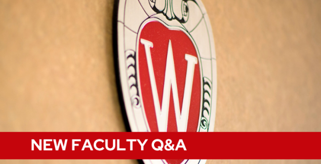 A tan background with a Wisconsin crest, and white text on a red bar saying "New Faculty Q&A".