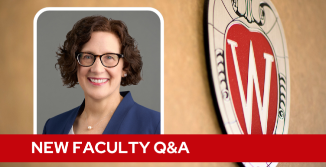 A professional headshot of Dr. Hildebrand over a tan background with a Wisconsin crest, and white text on a red bar saying "New Faculty Q&A".
