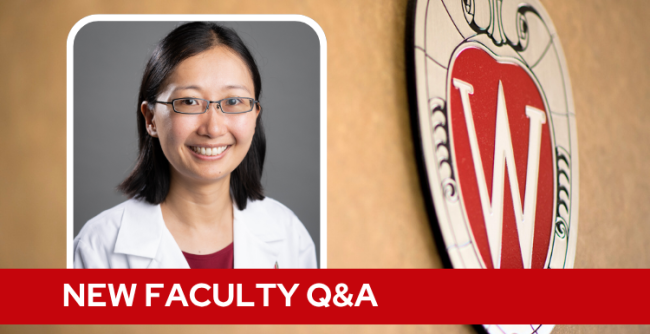 A professional headshot of Dr. Liu over a tan background with a Wisconsin crest, and white text on a red bar saying "New Faculty Q&A".