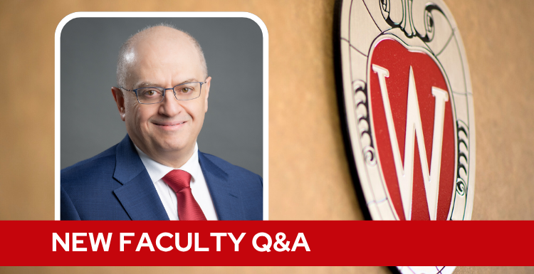 A professional headshot of Dr. Barakeh over a tan background with a Wisconsin crest, and white text on a red bar saying "New Faculty Q&A".