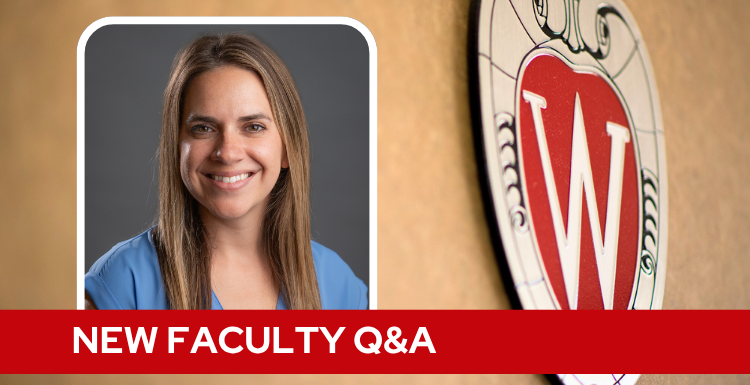 A professional headshot of Dr. Sweet over a tan background with a Wisconsin crest, and white text on a red bar saying "New Faculty Q&A".
