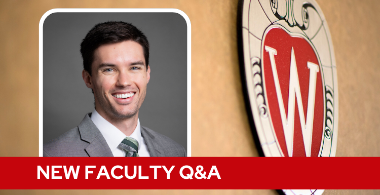 A professional headshot of Dr. Townshend over a tan background with a Wisconsin crest, and white text on a red bar saying "New Faculty Q&A".