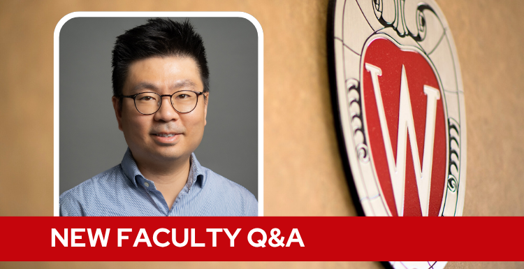 A professional headshot of Dr. Kim over a tan background with a Wisconsin crest, and white text on a red bar saying "New Faculty Q&A".