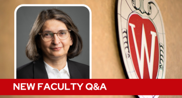 A professional headshot of Dr. Qamar over a tan background with a Wisconsin crest, and white text on a red bar saying "New Faculty Q&A".