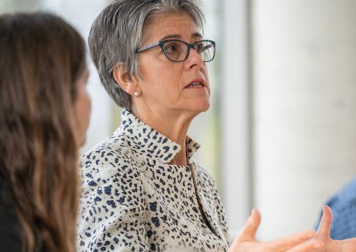 Dr. Christine Sinsky talks with Department of Medicine leaders and faculty during a follow-up session to her Grand Rounds presentation on November 2, 2019