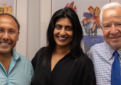 Dr. Anjon Audhya (left) and founding UW-CTRI Director Dr. Michael Fiore (right) greeting new UW-CTRI Director Dr. Hasmeena Kathuria (center) on her first official day in the office July 1.