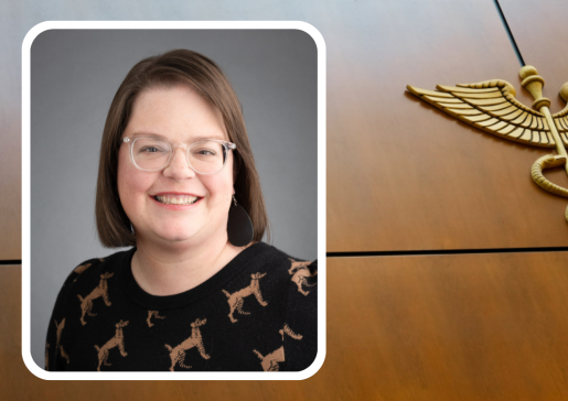 Inset photo of Dr. Noelle LoConte on a background with a gold caduceus. 