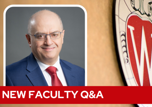 A professional headshot of Dr. Barakeh over a tan background with a Wisconsin crest, and white text on a red bar saying "New Faculty Q&A".