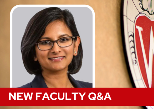 A professional headshot of Dr. Samarasinghe over a tan background with a Wisconsin crest, and white text on a red bar saying "New Faculty Q&A".
