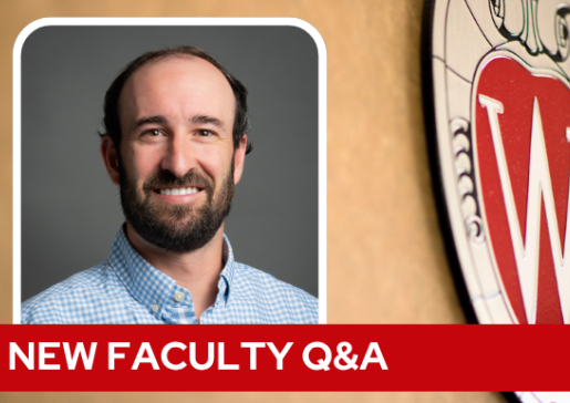 A professional headshot of Dr. Temte over a tan background with a Wisconsin crest, and white text on a red bar saying "New Faculty Q&A".