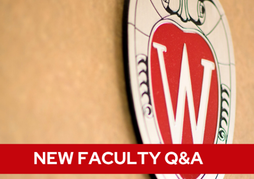 A tan background with a Wisconsin crest, and white text on a red bar saying "New Faculty Q&A".