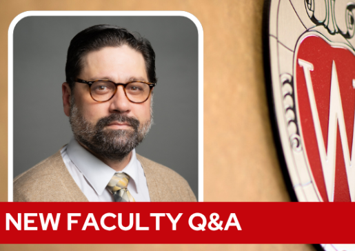 A professional headshot of Dr. Bracamonte over a tan background with a Wisconsin crest, and white text on a red bar saying "New Faculty Q&A".