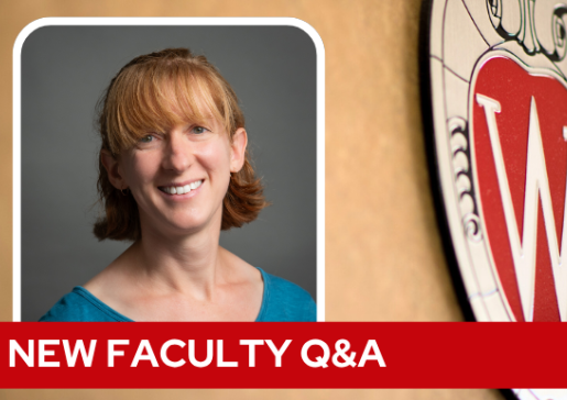A professional headshot of Dr. Plews-Ogan over a tan background with a Wisconsin crest, and white text on a red bar saying "New Faculty Q&A".