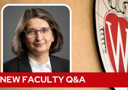 A professional headshot of Dr. Qamar over a tan background with a Wisconsin crest, and white text on a red bar saying "New Faculty Q&A".